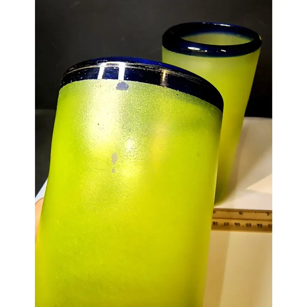 1858.  Vintage Handmade Mexican Art Glasses Hand Blown Yellow Frosted Cobalt Rim